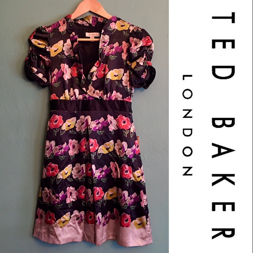 Ted Baker | Floral Print Puff Sleeve Black Dress